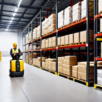 **

A bustling warehouse scene. Forklifts navigate aisles stacked high with neatly organized goods. A worker uses a handheld scanner to update inventory in a cloud-based system. In the foreground, a motorcycle courier speeds away, symbolizing last-mile delivery. The overall atmosphere is energetic and efficient. Include subtle German branding or imagery in the background (e.g., a DHL logo, a German flag).

**