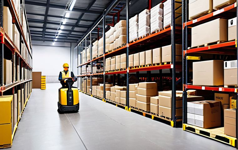 **
A bustling warehouse scene. Forklifts navigate aisles stacked high with neatly organized goods. A worker uses a handheld scanner to update inventory in a cloud-based system. In the foreground, a motorcycle courier speeds away, symbolizing last-mile delivery. The overall atmosphere is energetic and efficient. Include subtle German branding or imagery in the background (e.g., a DHL logo, a German flag).
**