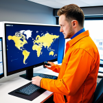 Home 12 국제물류 소프트웨어 및 도구 추천 - "A logistics manager in a modern office, reviewing a real-time tracking dashboard of shipping contai...