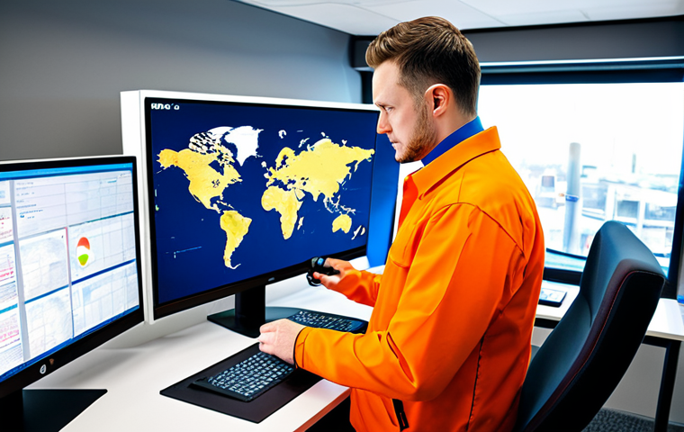 국제물류 소프트웨어 및 도구 추천 - "A logistics manager in a modern office, reviewing a real-time tracking dashboard of shipping contai...