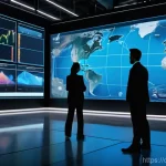 Home 9 국제물류에서의 리스크 관리 전략 - A sophisticated, high-tech logistics control center. The scene features a diverse team of profession...