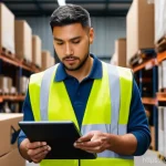 Home 8 해외 거래 시 물류 클레임 처리 방법 - A professional, mid-shot of a male logistics manager (30s-40s, diverse ethnicity) meticulously inspe...