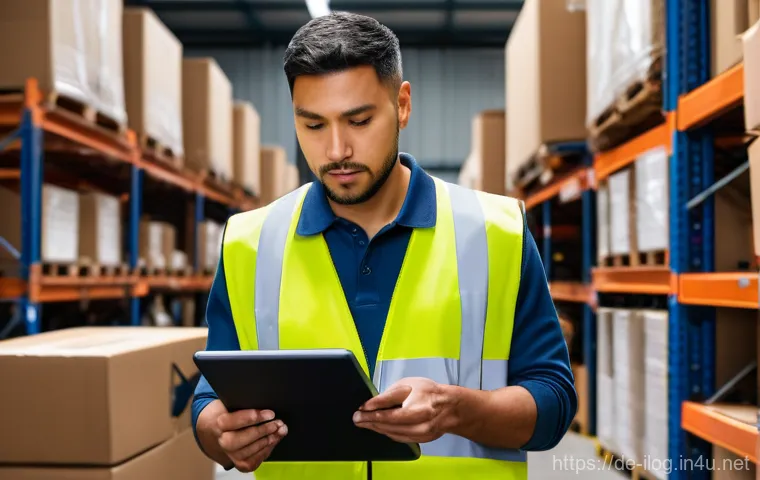 해외 거래 시 물류 클레임 처리 방법 - A professional, mid-shot of a male logistics manager (30s-40s, diverse ethnicity) meticulously inspe...