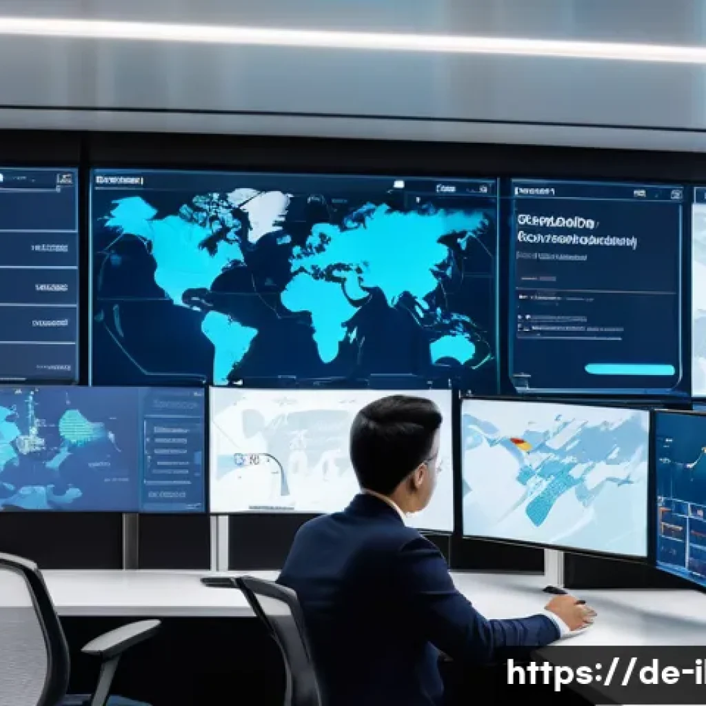 공급망 차질 시 국제물류 대처 방안 - A modern logistics control room with large digital screens displaying real-time shipment tracking vi...