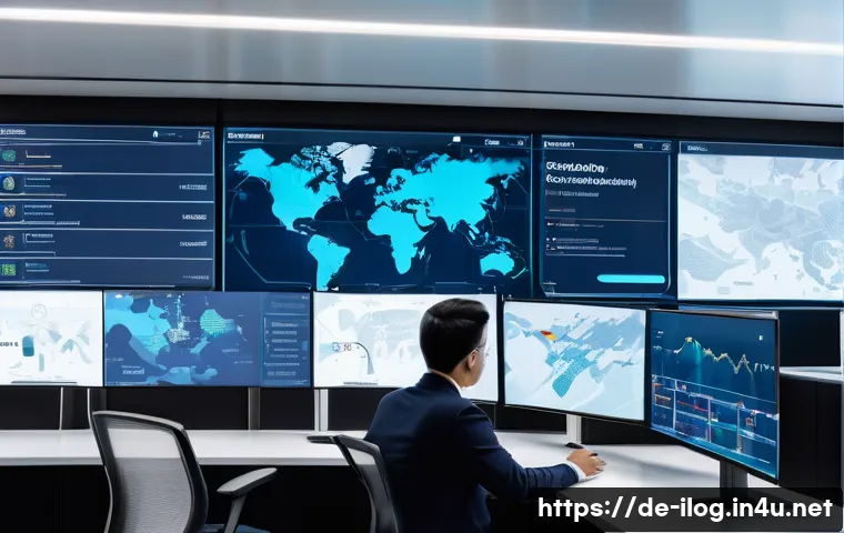 공급망 차질 시 국제물류 대처 방안 - A modern logistics control room with large digital screens displaying real-time shipment tracking vi...