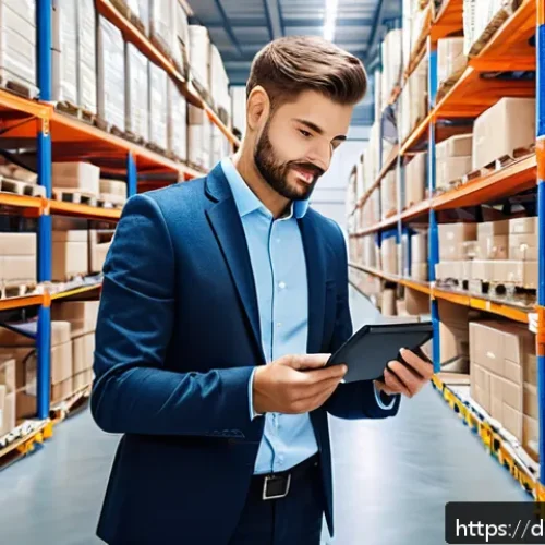 국제물류 관련 실무 교육 과정 추천 - A professional German logistics trainee in a modern warehouse environment, wearing neat business cas...