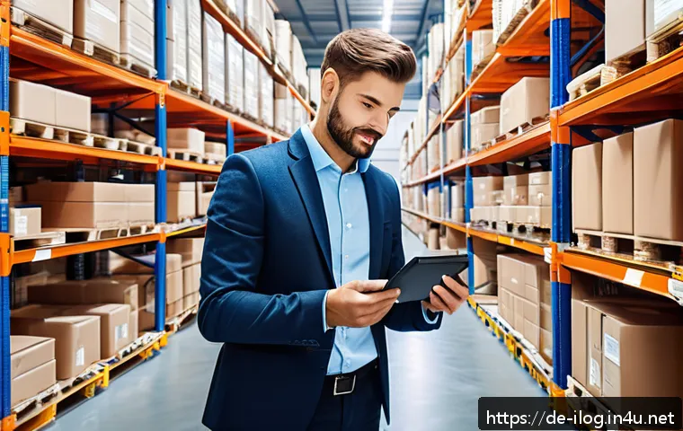 국제물류 관련 실무 교육 과정 추천 - A professional German logistics trainee in a modern warehouse environment, wearing neat business cas...